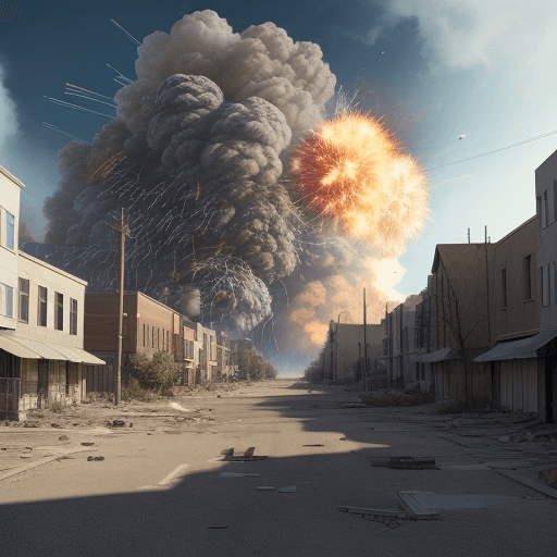 AI generated: Hyper realistic sky level exterior photo of a small town in war torn style, explosions and tracer ro...