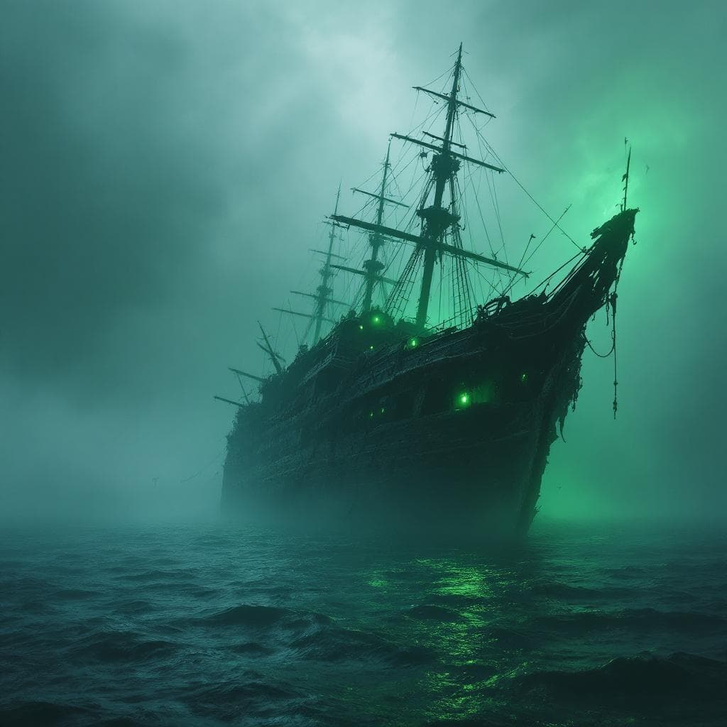 AI generated: A ghostly shipwreck emerging from foggy waters, eerie green glow, haunting atmosphere.
