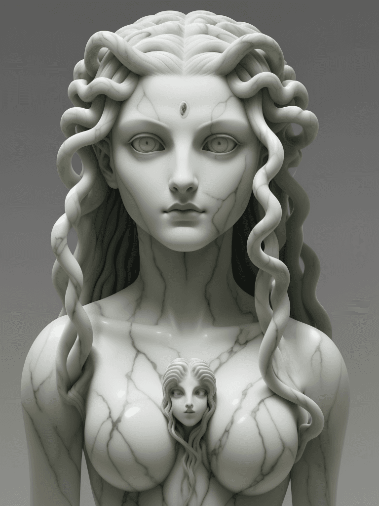 AI generated: medusa, highly detailed, symmetrical long head, smooth marble surfaces, smooth stone, deep aesthetic