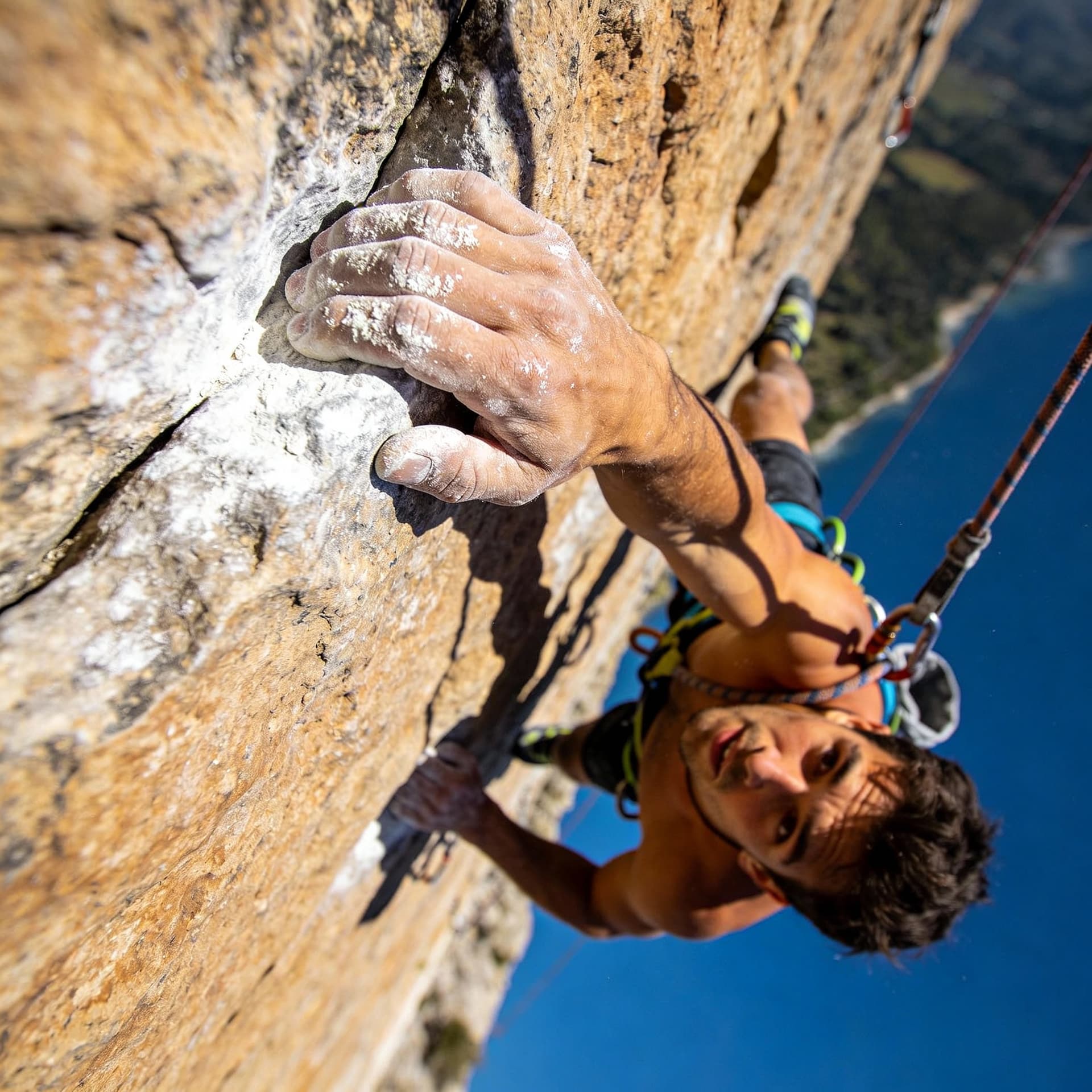 AI generated: Ultra-realistic professional photograph shot from above of a climber ascending a vertical rock wall ...