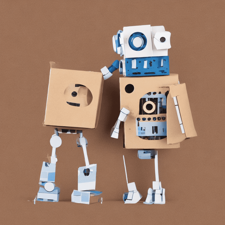 AI generated:  A cute and creative illustration of a robot made out of cardboard boxes:: engineering blueprints, i...