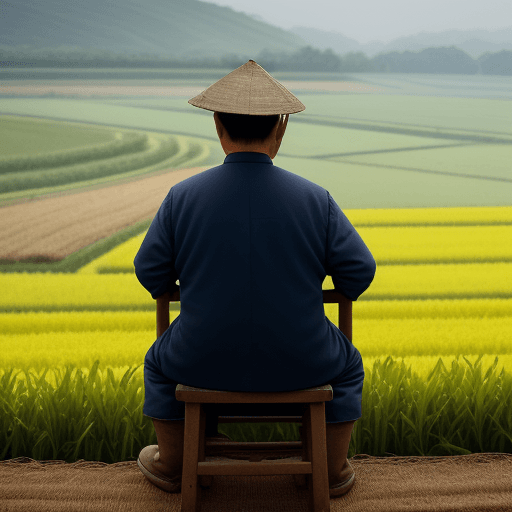 AI generated: a chinese middle age farmer, farming in a field, we can only see his back, he is sitting on a chair