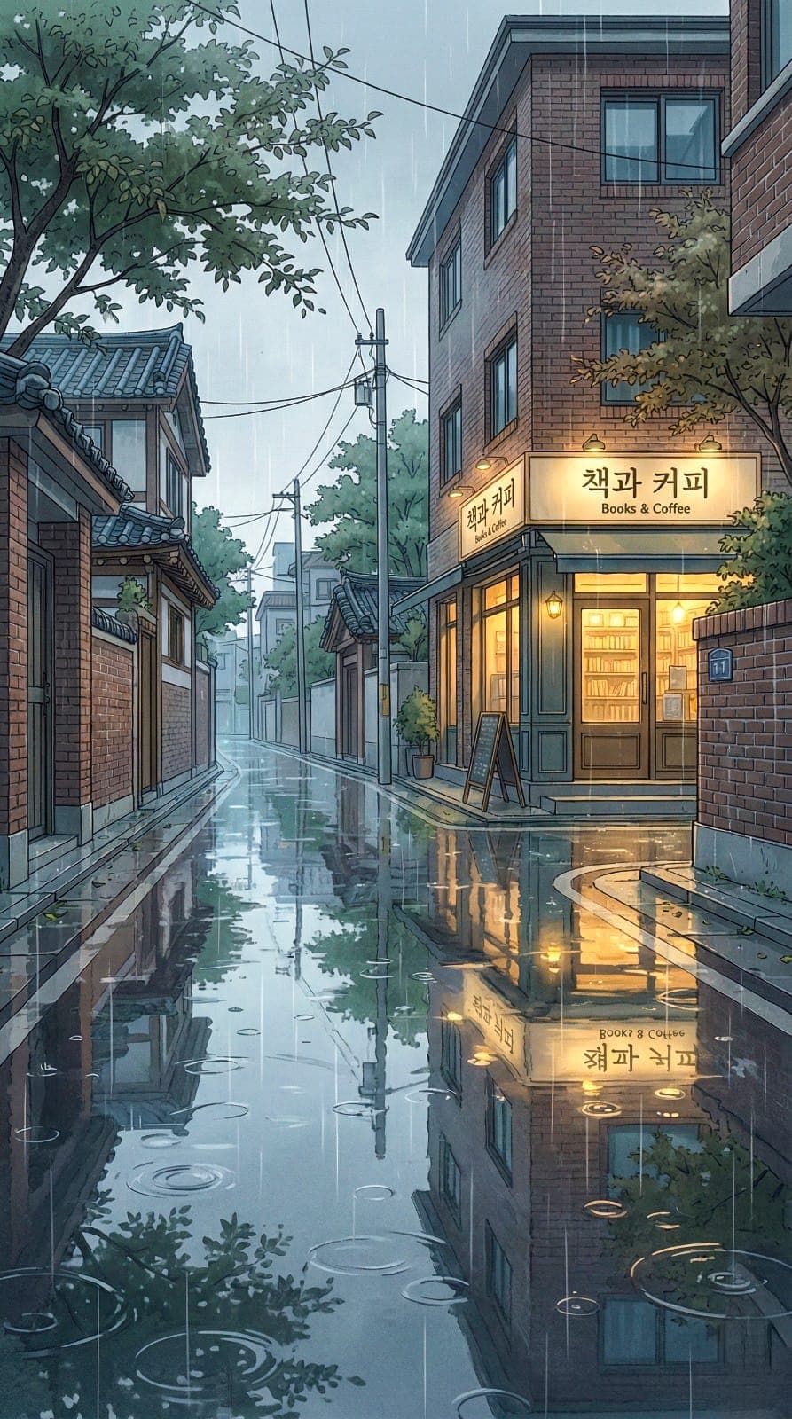 AI generated: Anime-style animated wallpaper of a calm Seoul neighborhood during light morning rain. Raindrops fal...