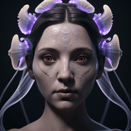 AI generated: Goddess close-up portrait ribcagel. jellyfish phoenix head, nautilus, orchid, skull, betta fish, bio...
