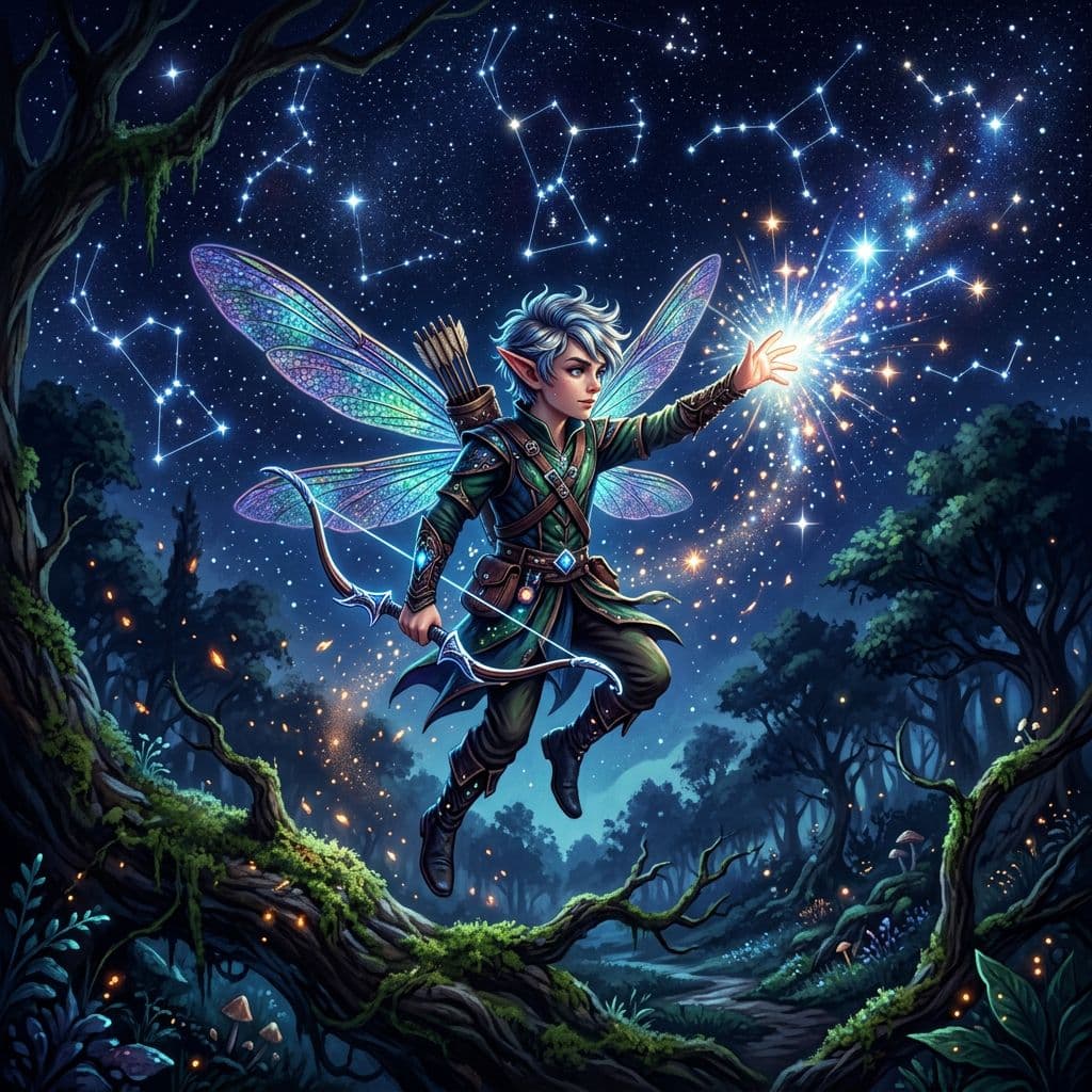 AI generated: a small male fairy, with iridescent dragonfly wings, silver and blue hair, and a small recurve bow i...