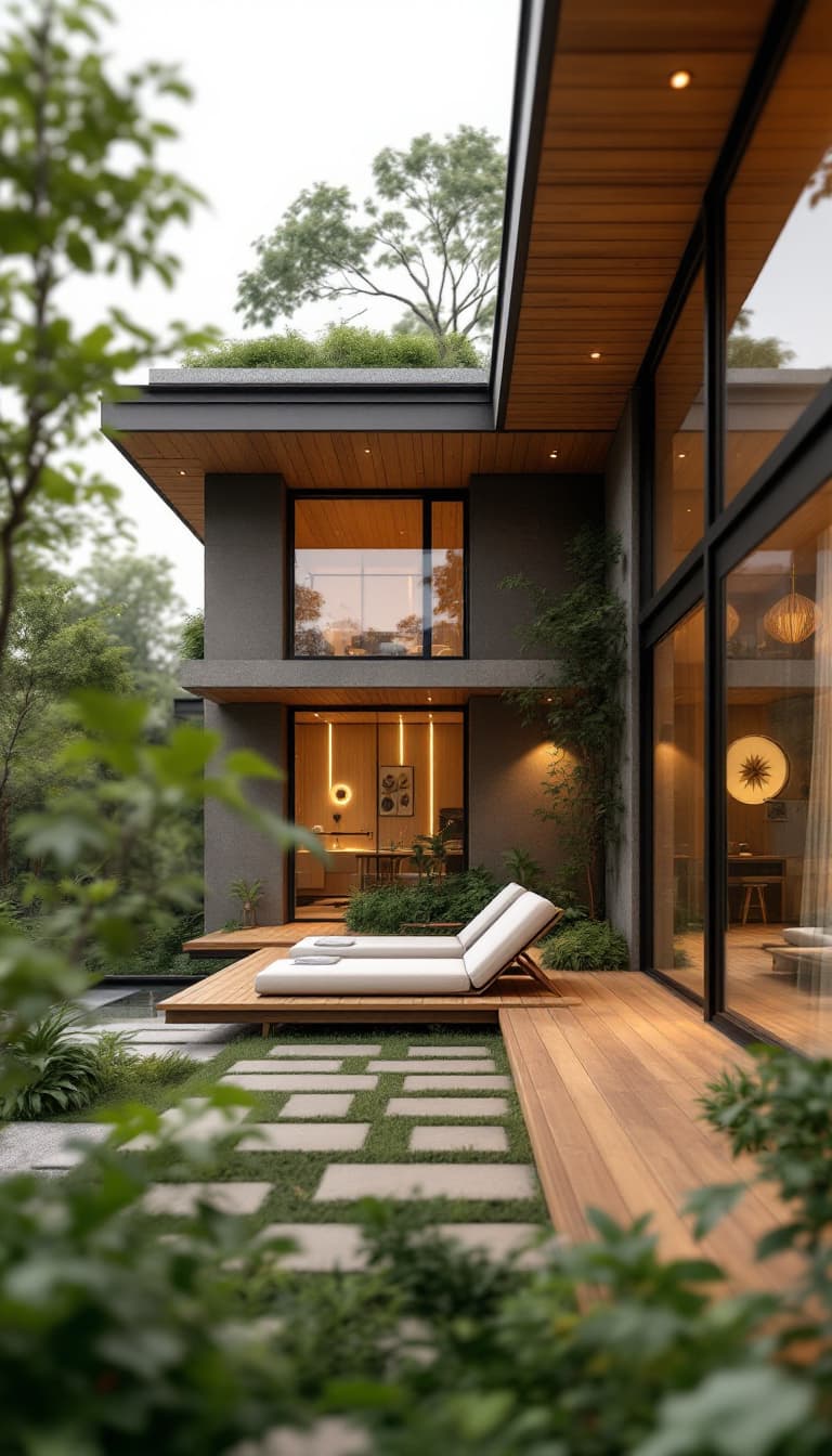 AI generated: Eco-friendly building, reclaimed wood accents, bamboo flooring, low-carbon concrete, green roofs, li...