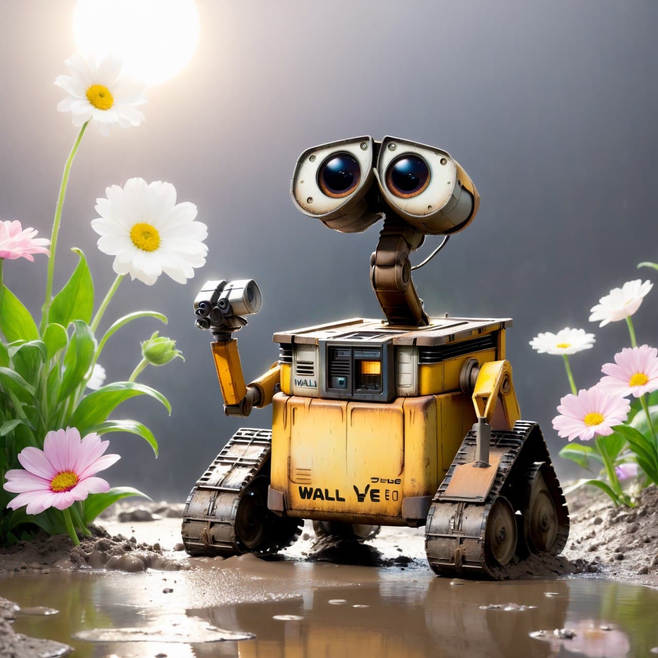 AI generated: WALL·E with flower. cinematic lighting, volumetric rays, moody, wet, dripping mud, (Masterpiece:1.3)...