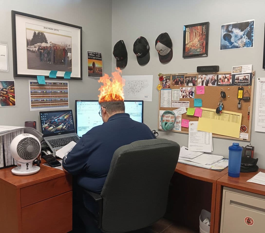 AI generated: create an entirely new image. 8k ULTRA HD IMAGE WITH THE RED MAN IN AN OFFICE SETTING. USE THE OFFIC...