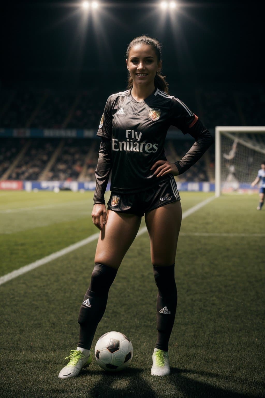 AI generated: action packed, female dressed as soccer player, soccer ball, smiling, lingerie, football pitch in ba...