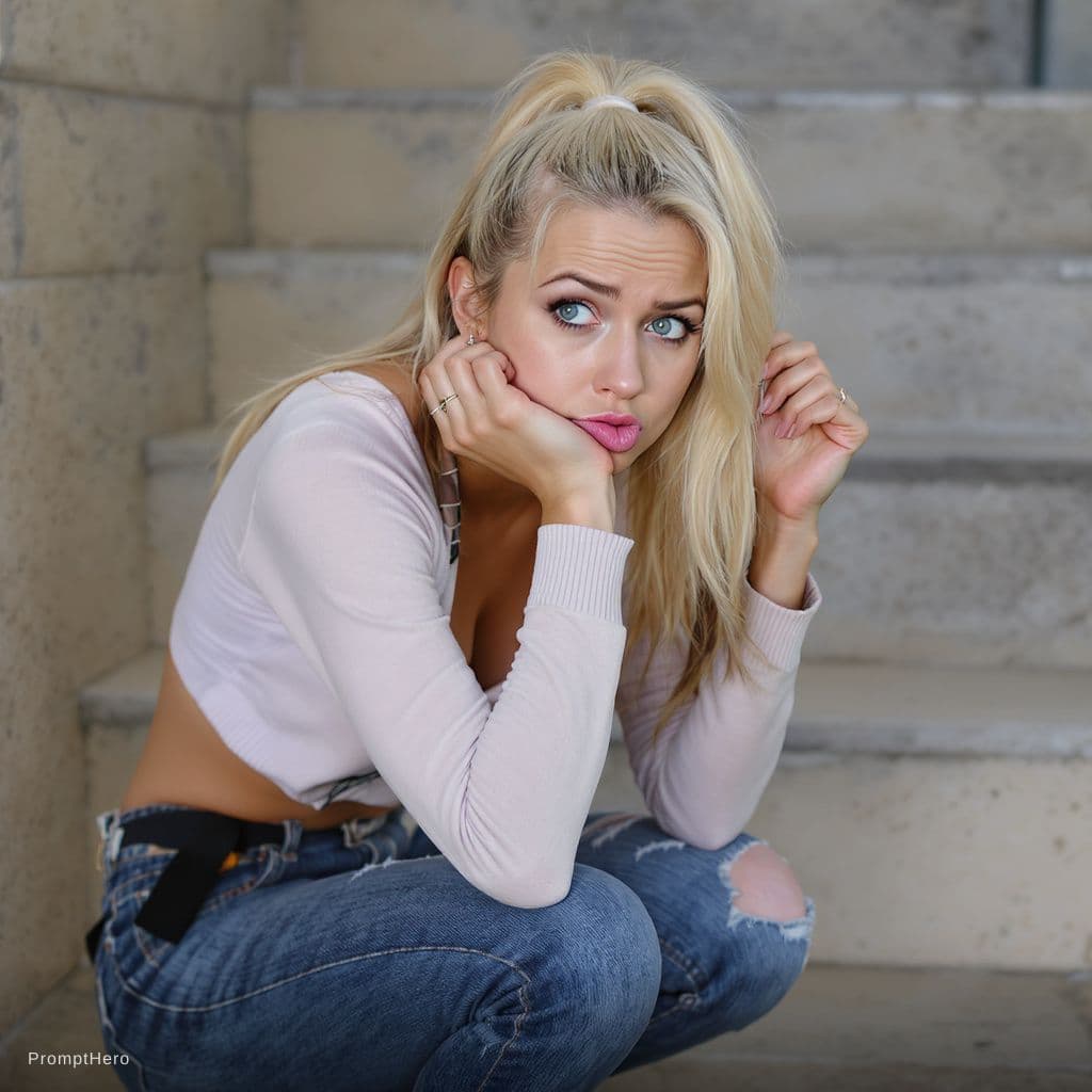 AI generated: A woman of blonde hair realistic features is crouched down kneeling on one knee putting hair in a po...
