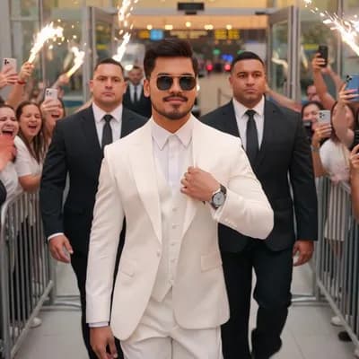 AI generated video: “A cinematic, ultra-realistic celebrity arrival sequence shot on ARRI Alexa with anamorphic lenses, ...