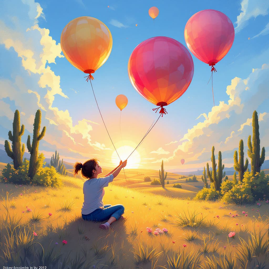 AI generated: Balloon sit to pop, girl poped ballon, girl crashed ballon, view from bottom, balloon crashed, girl ...