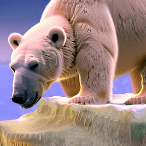 AI generated: big polar bear, standing on an iceberg, a photo, rebirth, sad, on its hind legs, sitting on a pile o...