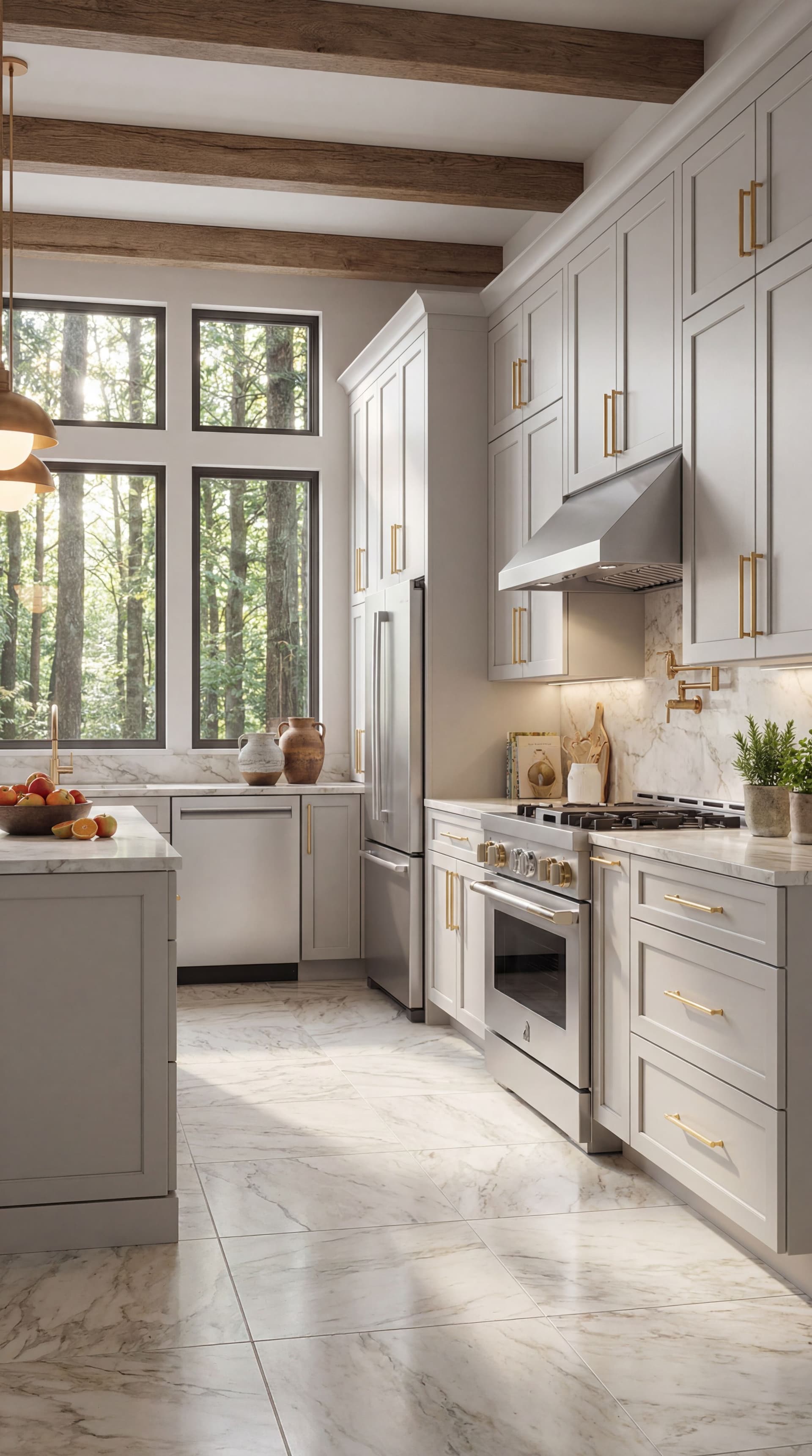 AI generated: turn into a lifestyle picture. Beautiful kitchen luxury forest light grey cabinets with golden decor...