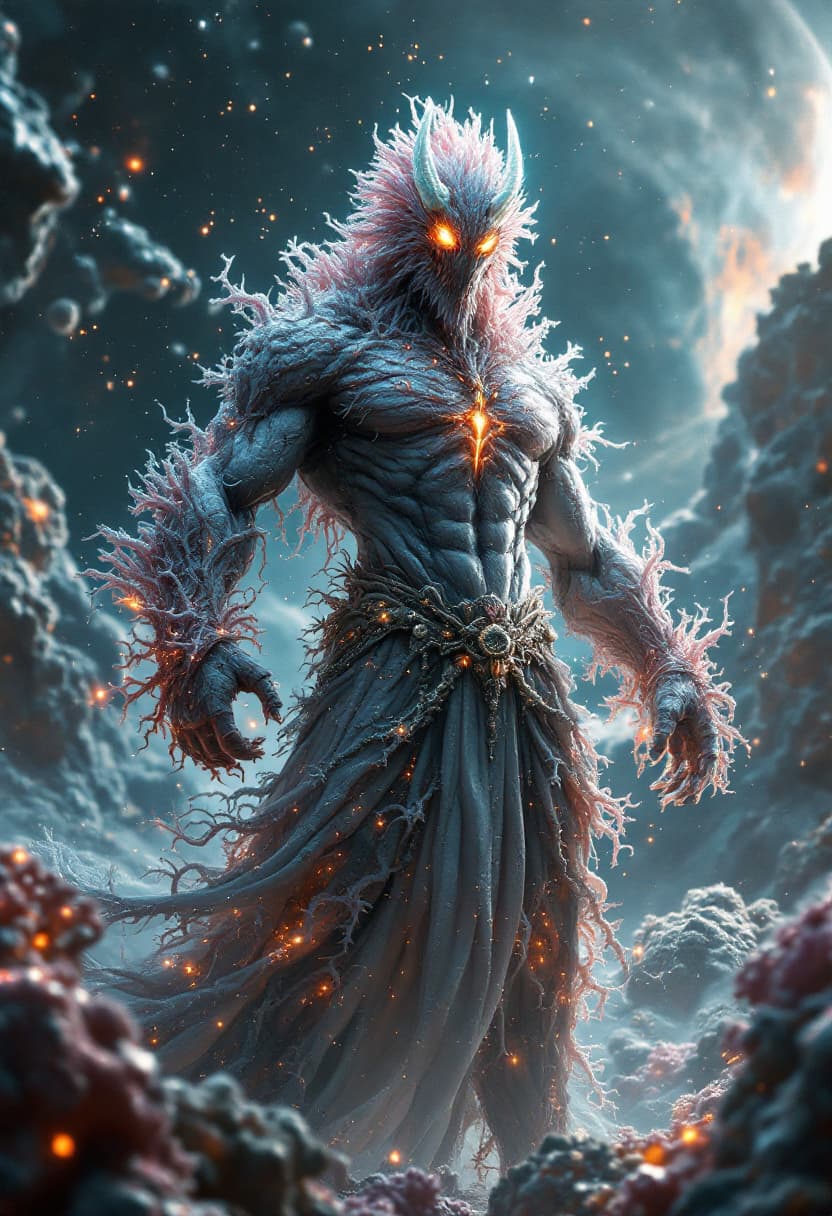 AI generated: God of Coral, full-body, No Hair or mouth, Etherial, muscular, Glowing Rainbow eyes, epic, cinematic...