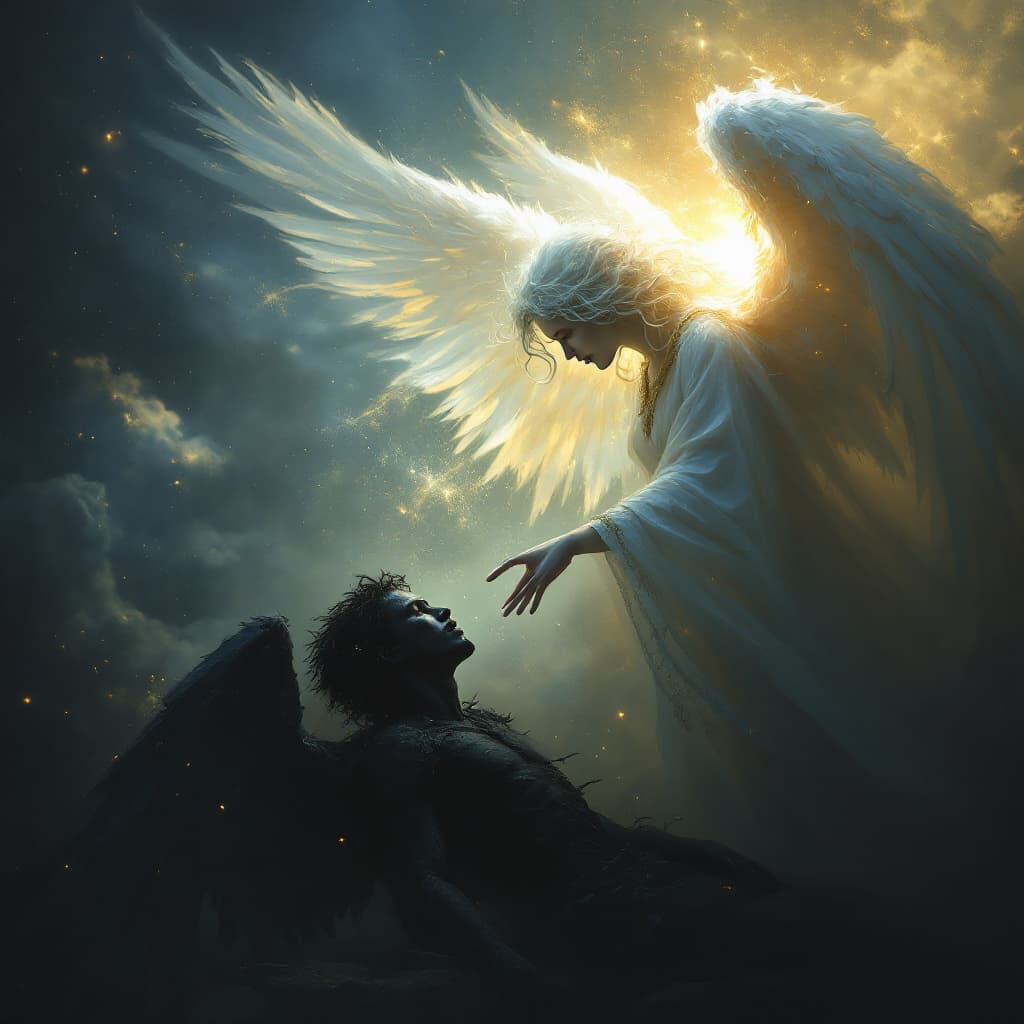 AI generated: Two celestial beings, one illuminated in radiant light and the other shrouded in darkness, share a p...