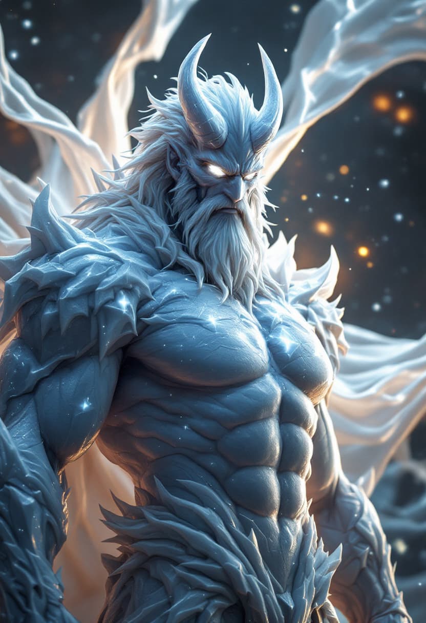 AI generated: God of Ice, full-body, Etherial, muscular, No mouth or hair, Glowing White eyes, epic, cinematic, 8k...