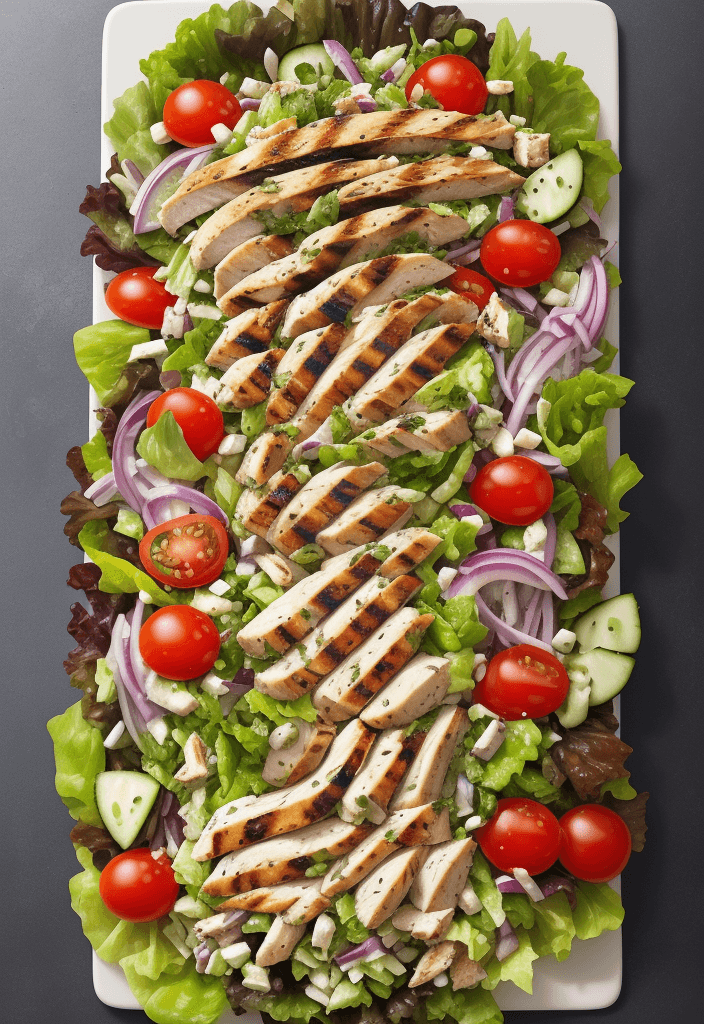 AI generated: create a grilled chicken salad, accompanied by lettuce, tomato, olive and cucumber, large plate, rea...