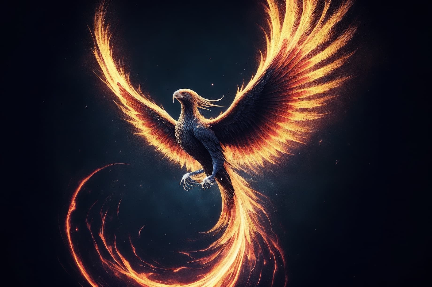AI generated: Create a digital image that captures the grandeur of the phoenix, its wings unfolded like a fiery sp...