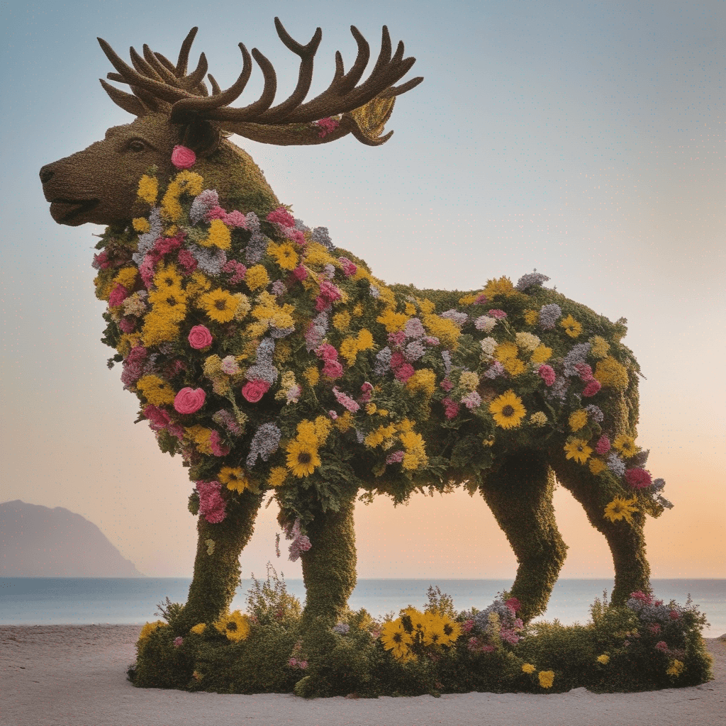AI generated: Sculpt a life-sized animal greek statue using discarded flowers and magic, highlighting it's beauty,...