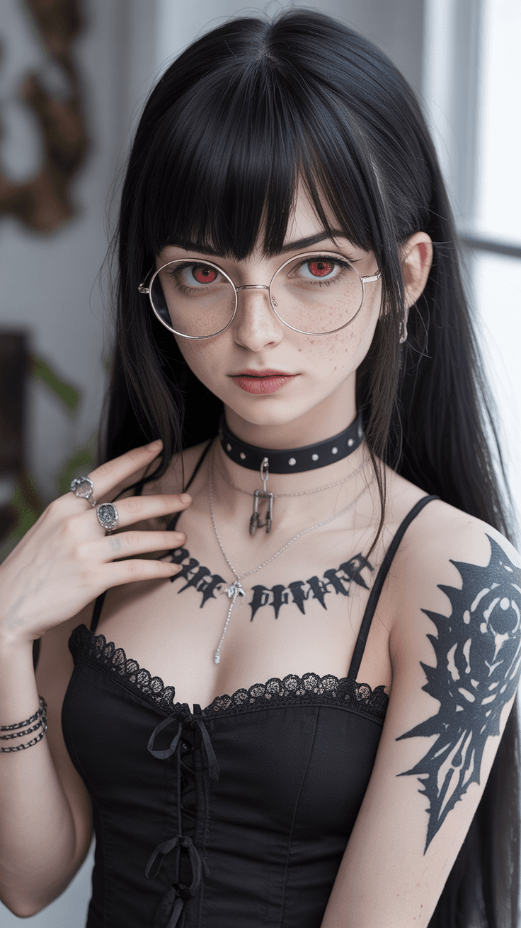 AI generated: Black hair, red eyes, white thigh highs, black dress and gothic tattoos, thin glasses, freckles, mol...