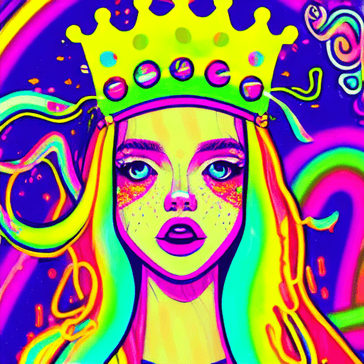 AI generated: a drawing of a girl with long hair and a crown on her head, dripping in neon paint, psychedelic aest...