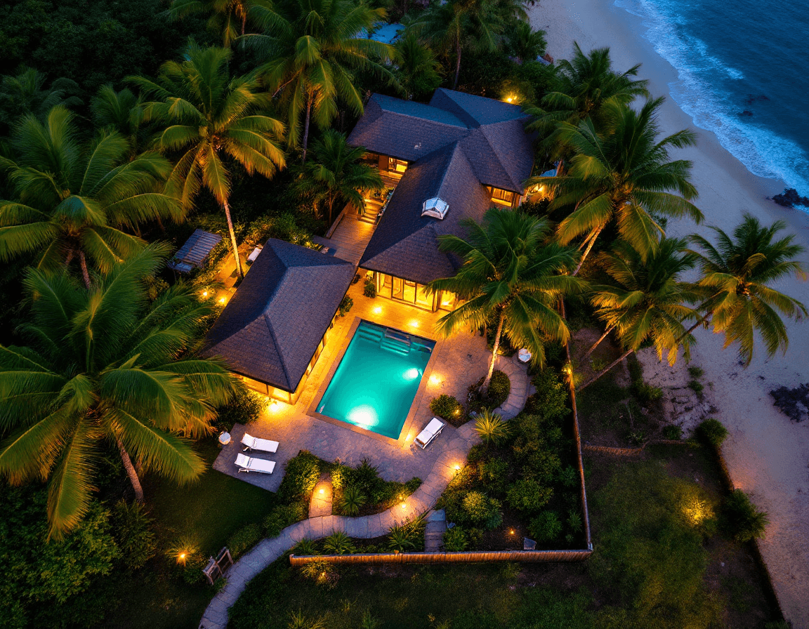 AI generated: An aerial view of a tropical seaside luxurious beach house at night, surrounded by lush palm trees a...