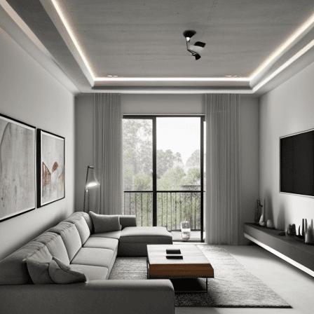 AI generated: Celing concrete colour taupet,modern living room,4k quality,archviz render,the view is behing the co...