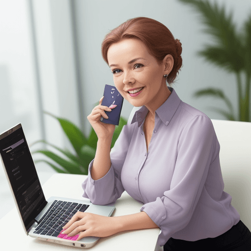 AI generated: A woman who is wearing a loosy top , is working with a laptop and is checking the buynex.info site. ...