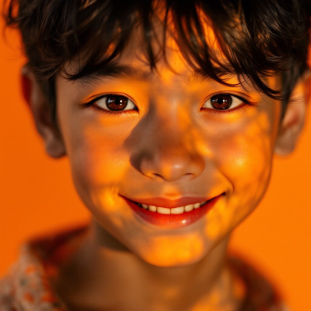 AI generated: high resolution photography, front shot, face close-up, professional 8years old asian boy model, smi...