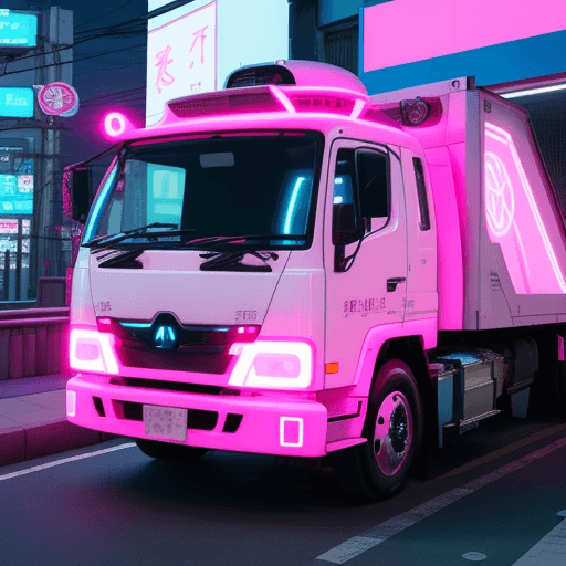 AI generated: futuristic modern japanese style truck pink neon lights on city road
