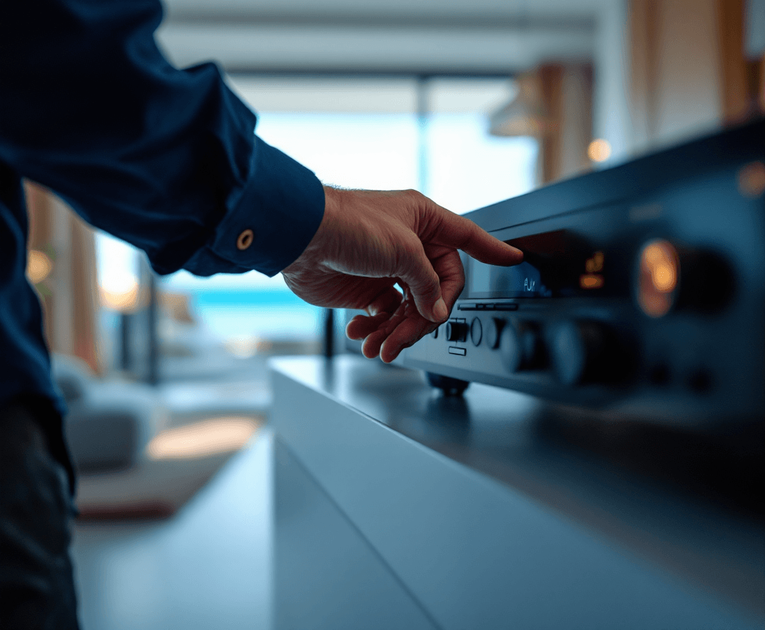 AI generated: POV, the hand of a man wearing a navy blue business shirt, pressing the PLAY button on a SONY CD pla...
