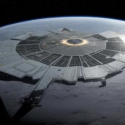 AI generated video: Slow Cinematic orbital view of a massive circular Moon base structure on the lunar surface. The envi...