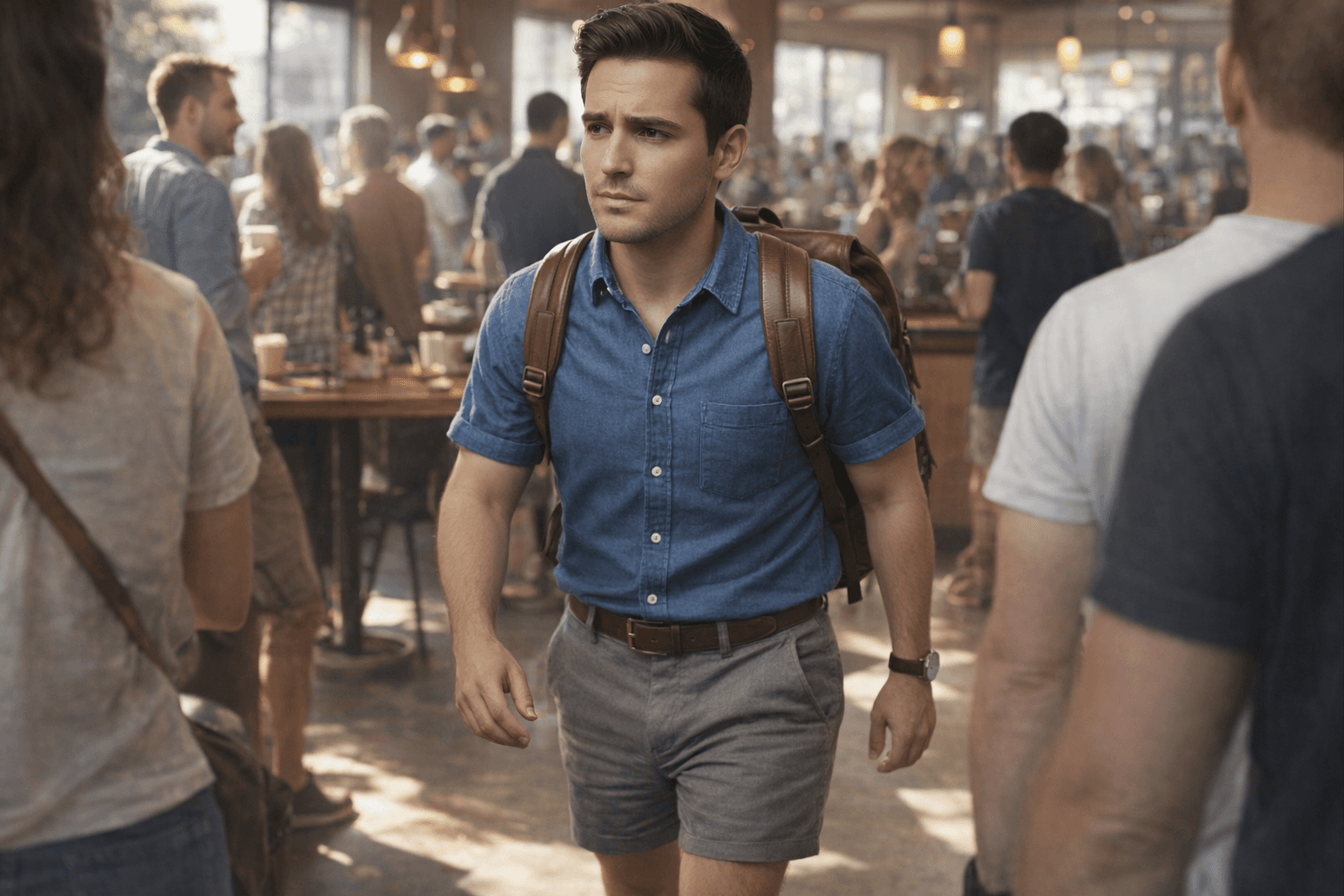 AI generated: In a sunny morning inside a nice busy coffee shop. The model is walking through the crowd. The model...