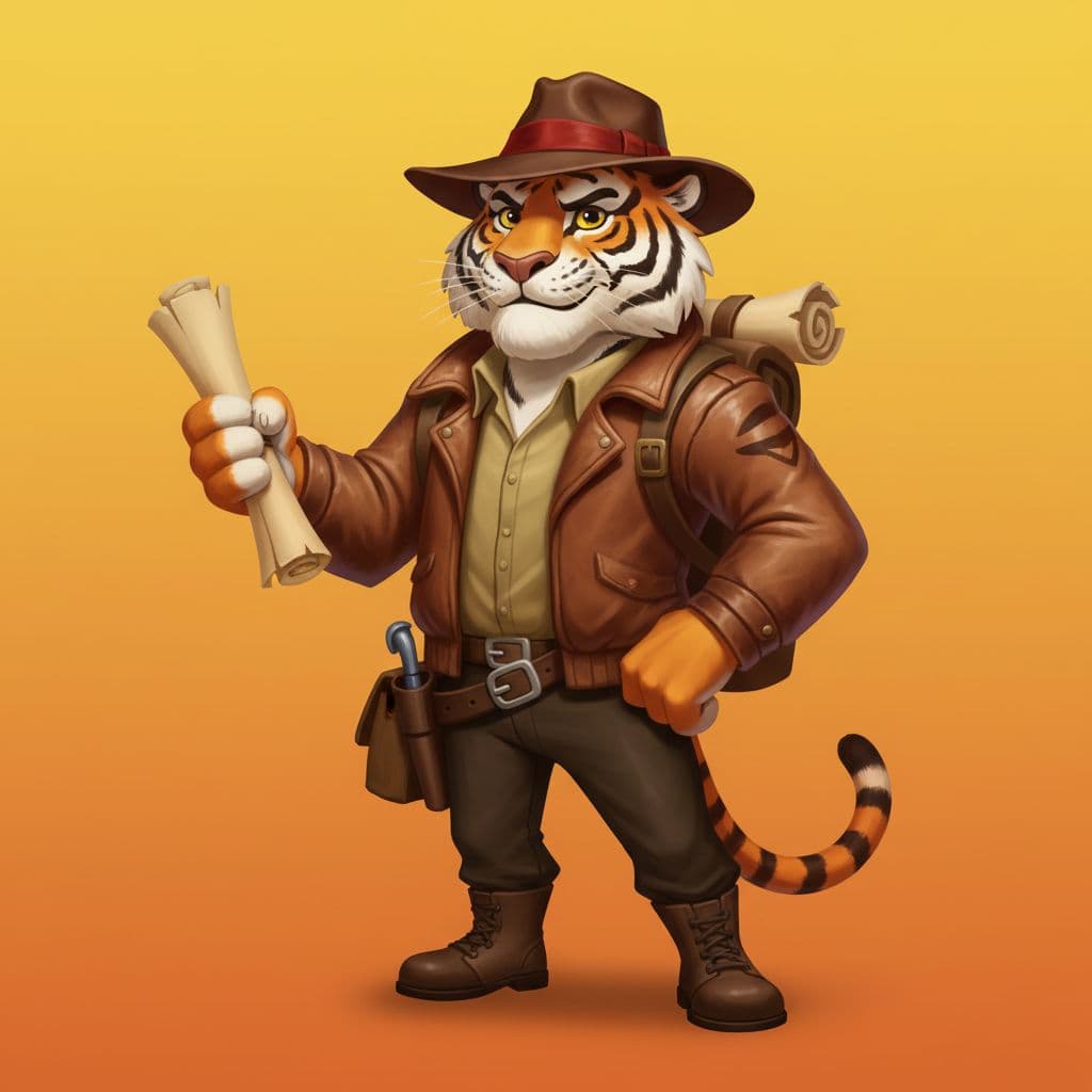 AI generated: Tiger dressed as Indiana Jones, on the yellow- orange background , cartoon illustration style.