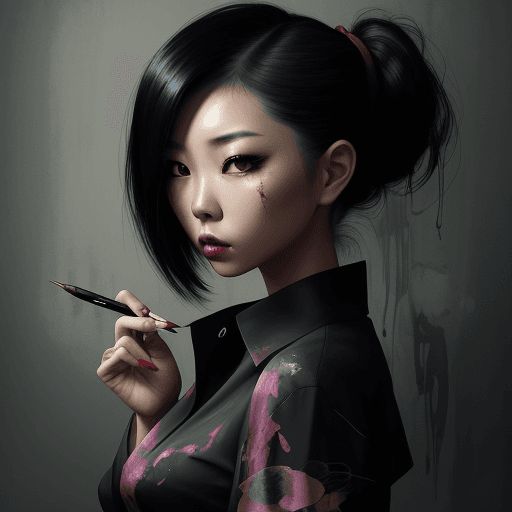 AI generated: aesthetic, painterly style, modern ink, Asian girl, sensual, sultry, dark blouse, expressive pose, u...
