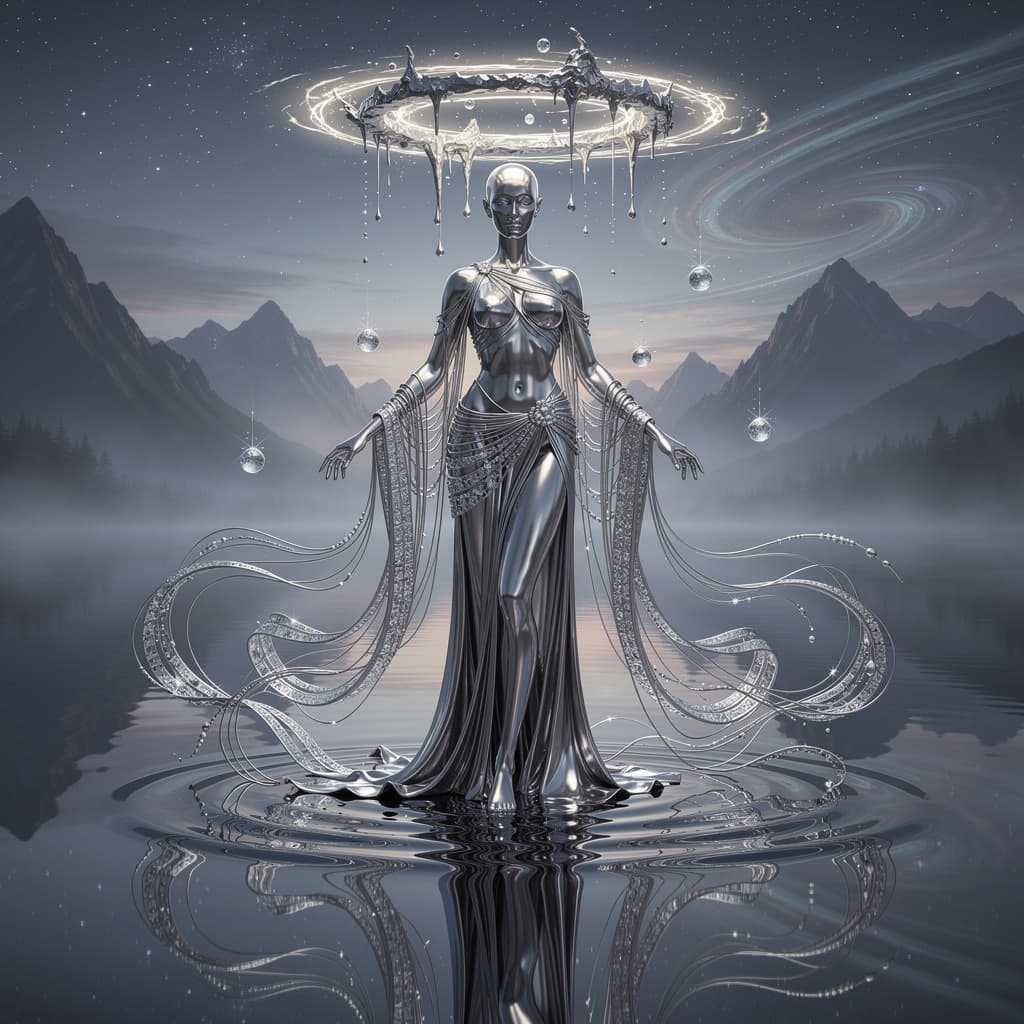 AI generated: A celestial maiden formed from liquid mercury, her body sleek and reflective like polished chrome. S...