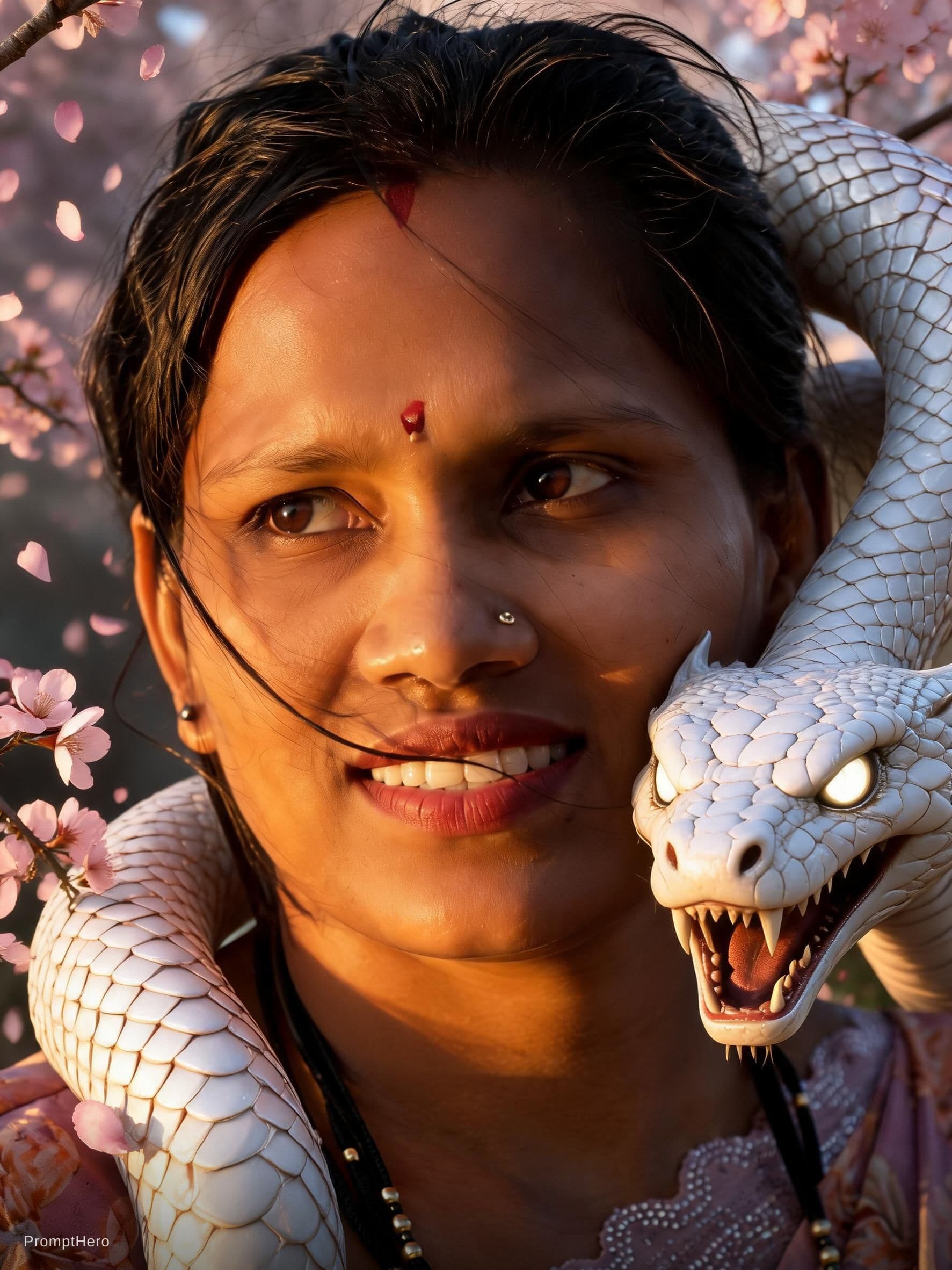 AI generated: MAKE THE IMAGE I HAVE ATTACHED INTO A EPIC HYPERREALISTIC IMAGE ADD A EPIC ANGRY SNAKE WITH A WHITE ...
