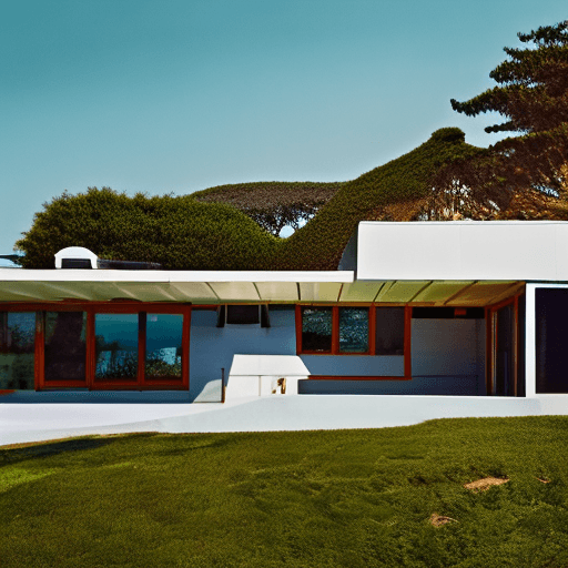 AI generated: Hyper realistic eye level exterior photo of a mid century modern style house overlooking the ocean, ...