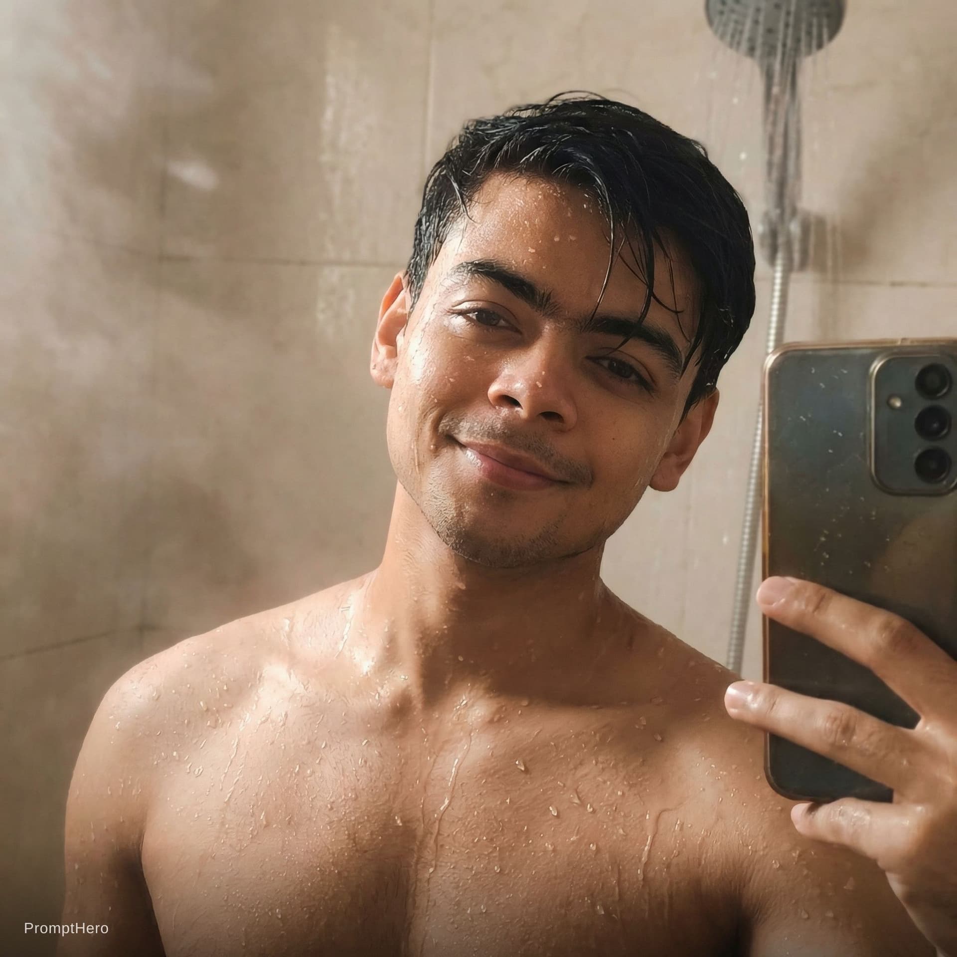 AI generated: Taking shower , full body with realistic look close pose selfie pose good 