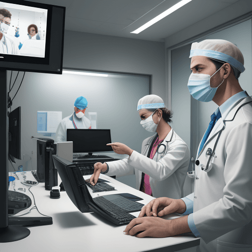 AI generated: photograph of doctors in an surgery room with one doctor looking at one computer giving him risk ale...