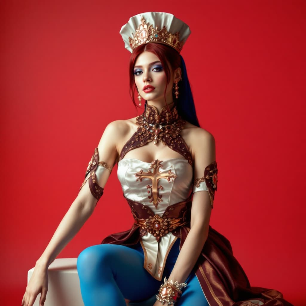 AI generated: WOMAN WITH COMMUNION DRESS WITH BLUE TIGHTS AND BLUE BERET