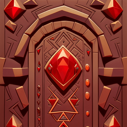 AI generated: Neolithic Megalith door, crystal zig zag  geometries, red gems, primitive monster relief, in the sty...