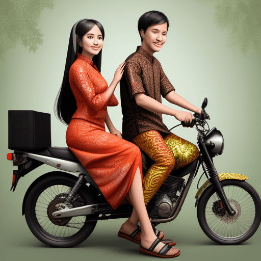AI generated: Full body Produce a digital art, a matching couple wearing the same batik clothes, who are sitting o...