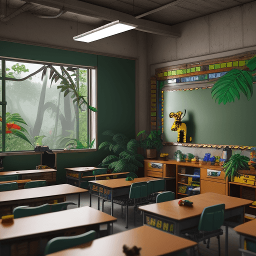 AI generated: old classroom in jungle with lego ,lego animals in that classroom , 8k
