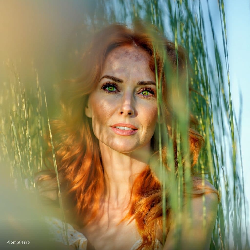 AI generated: A photorealistic portrait of a woman with vibrant, fiery red, wavy hair, seated in a field of tall g...