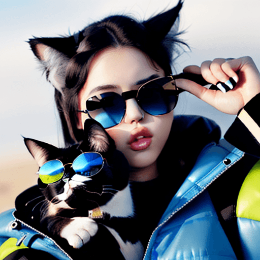 AI generated: High resolution Cat with Azure Puffer Jacket and Black Sunglasses