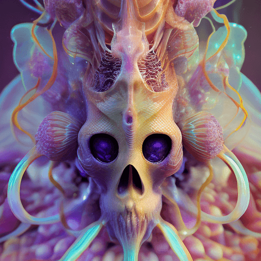 AI generated: Goddess close-up portrait ribcagel. jellyfish phoenix head, nautilus, orchid, skull, betta fish, bio...