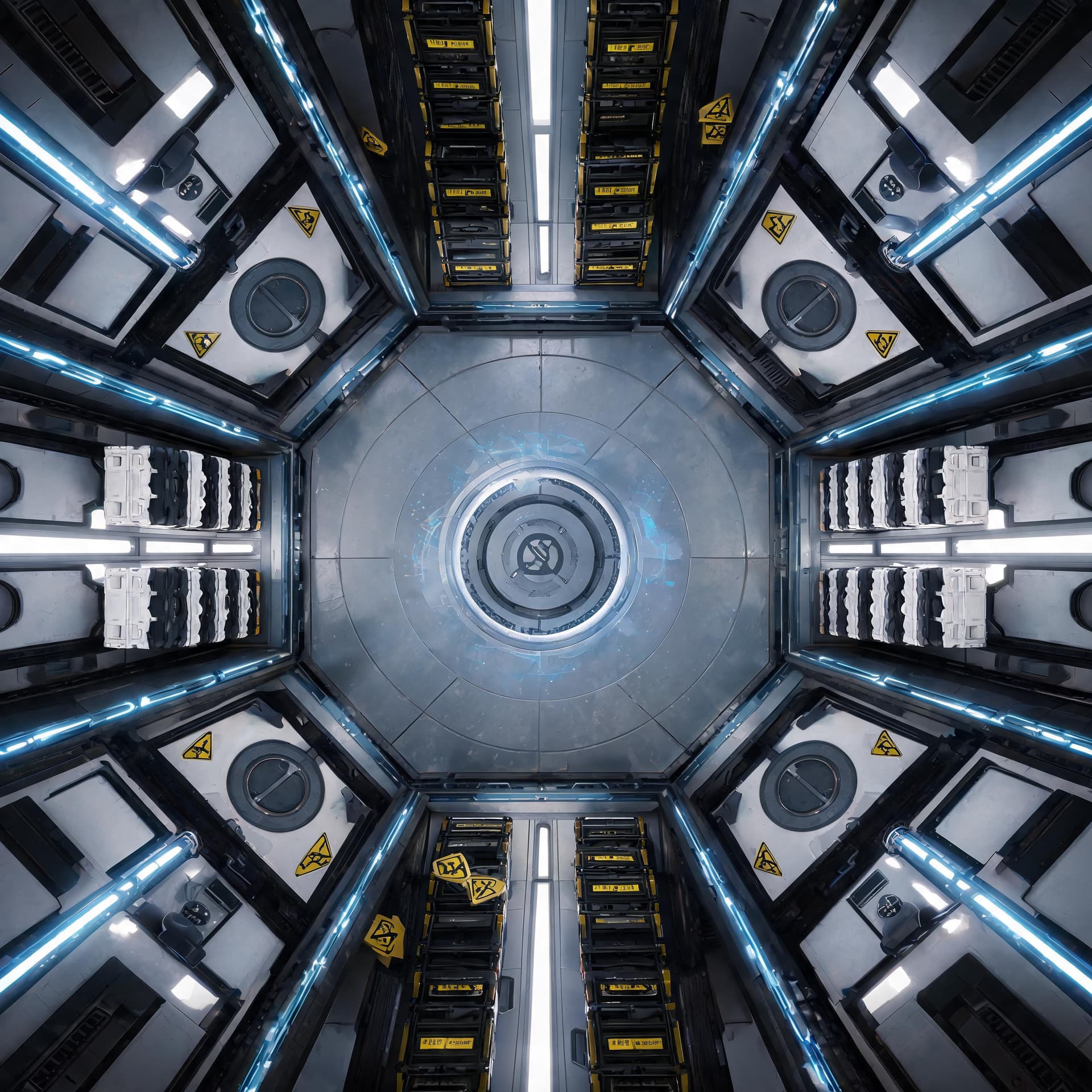 AI generated: Top-down schematic cinematic render of a futuristic starship or alien base corridor junction hub, vi...