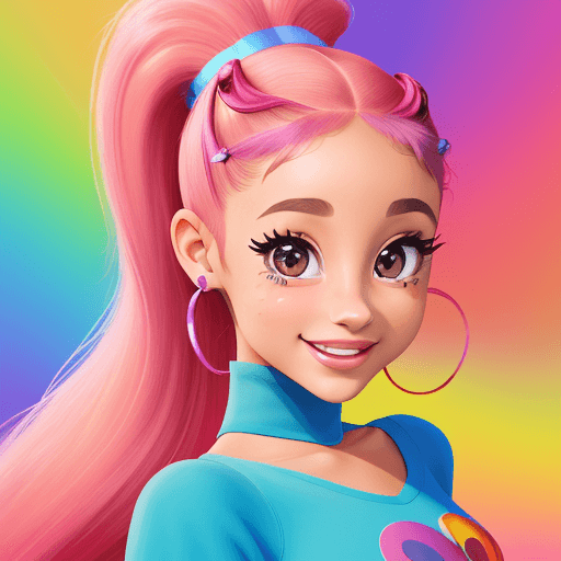 AI generated: Pixar-style illustration of Ariana Grande, singer, long pony-tail, waving cheerfully, vibrant and li...